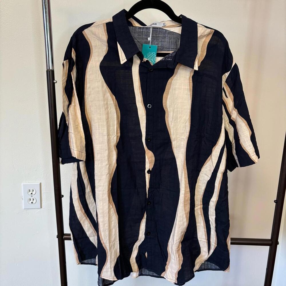 Vatpave Men's Casual Button Down Shirt - Black and Beige XXL
